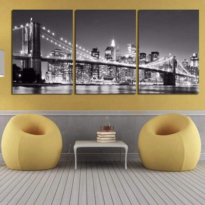 Pintura vintage Puente de Manhattan de New York por la noche