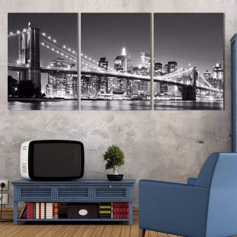 Pintura vintage Puente de Manhattan de New York por la noche