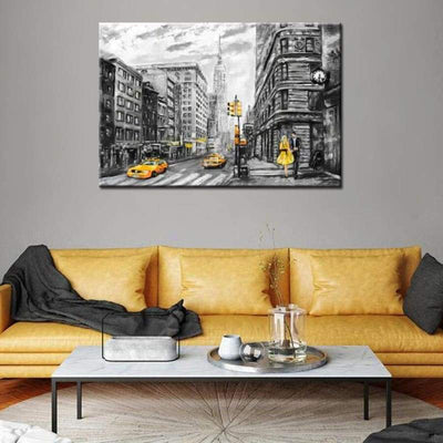 Pintura vintage de taxi amarillo en blanco y negro de New York