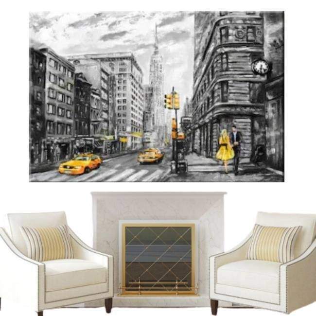 Pintura vintage de taxi amarillo en blanco y negro de New York