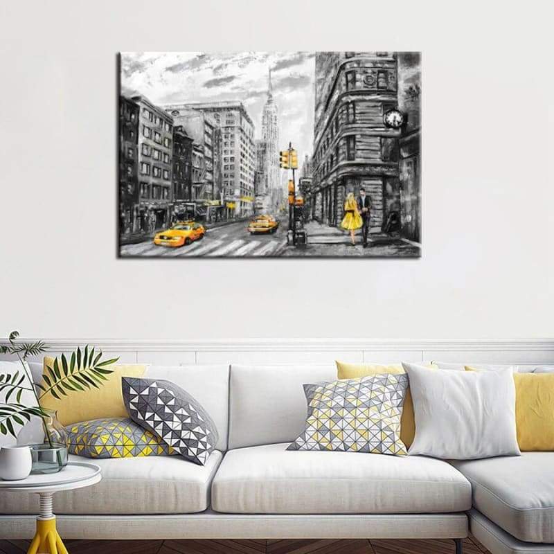 Pintura vintage de taxi amarillo en blanco y negro de New York