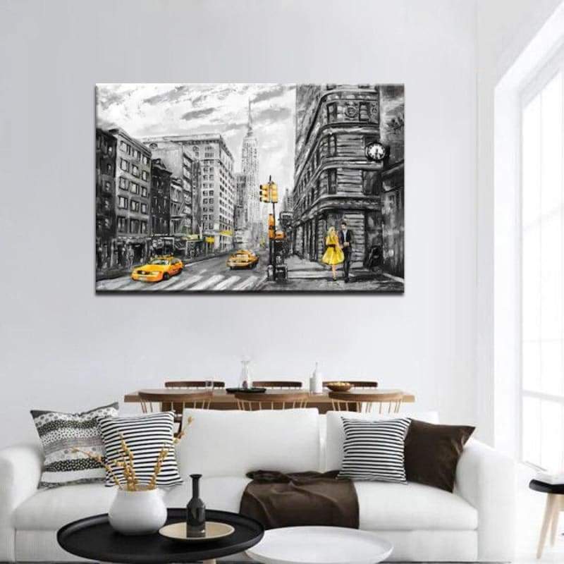 Pintura vintage de taxi amarillo en blanco y negro de New York