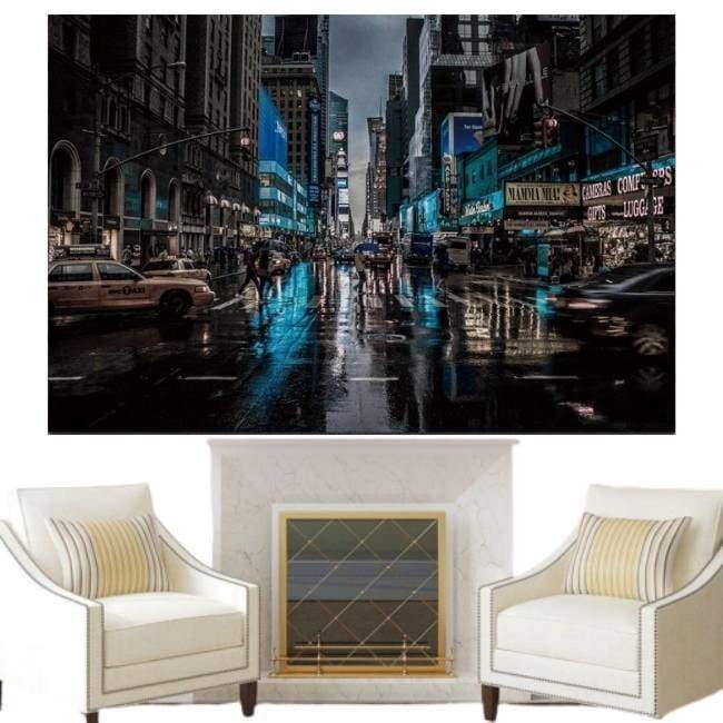 Pintura Vintage New York Bajo La Lluvia