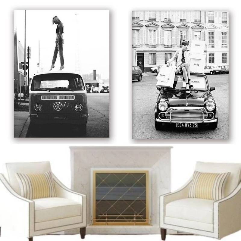 Pintura de coches antiguos en blanco y negro